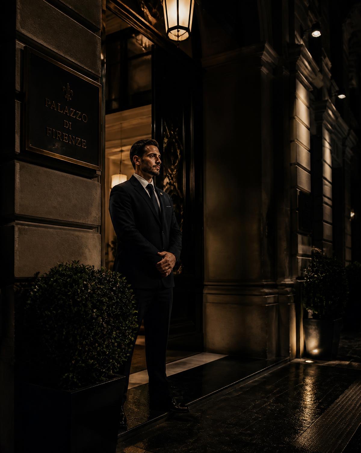 Guardia giurata RR Security in abito formale davanti a un palazzo di notte