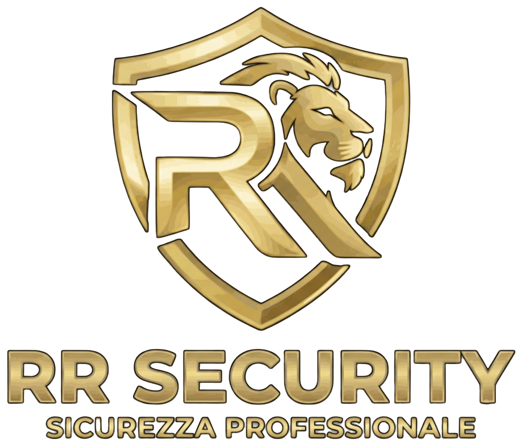 Stemma monumentale RR Security — scudo oro con monogramma RR e leone
